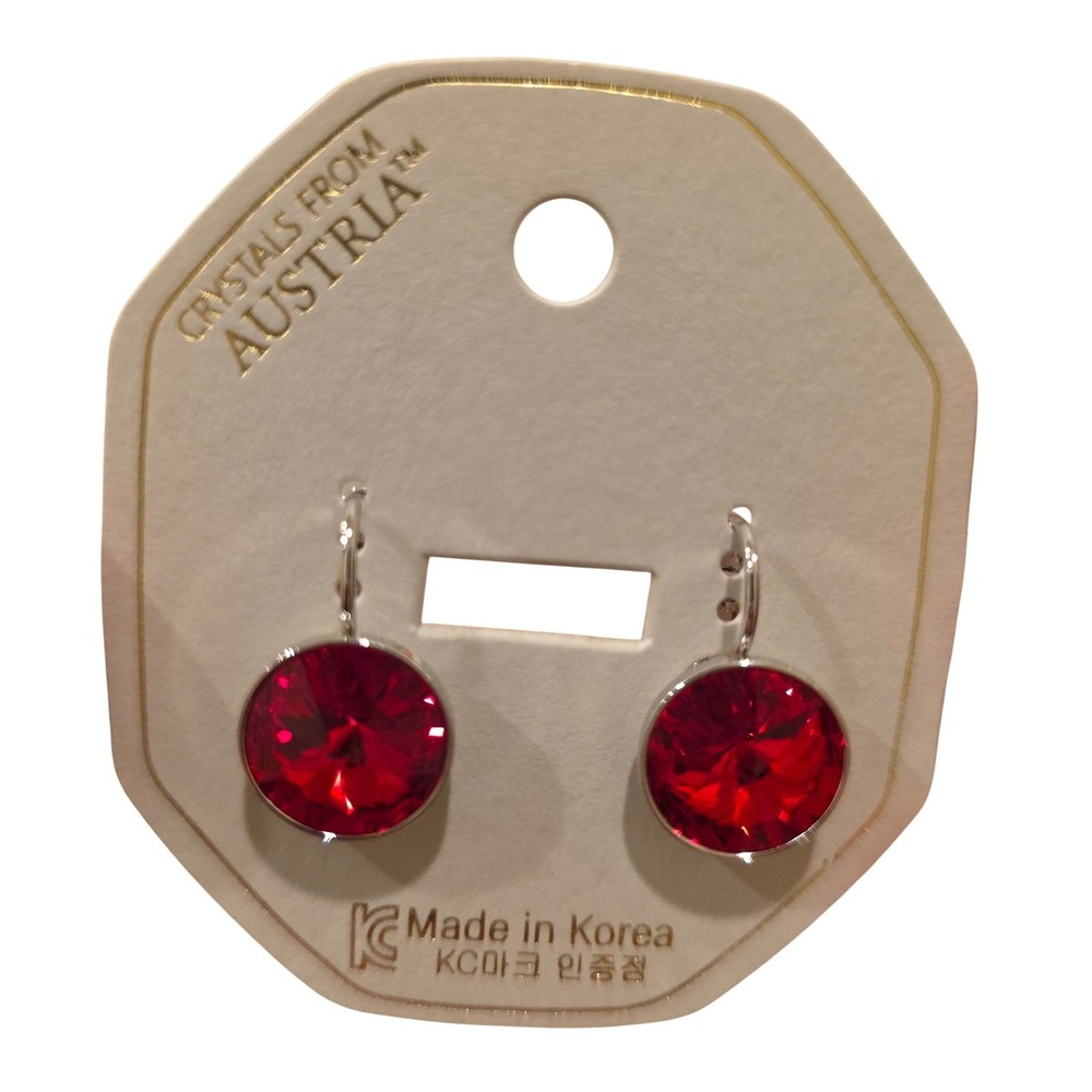 NWT Red/LiteSiam Swarovski Element 13mm Dangle PlatinumPlatedRoundShiny Earring‎